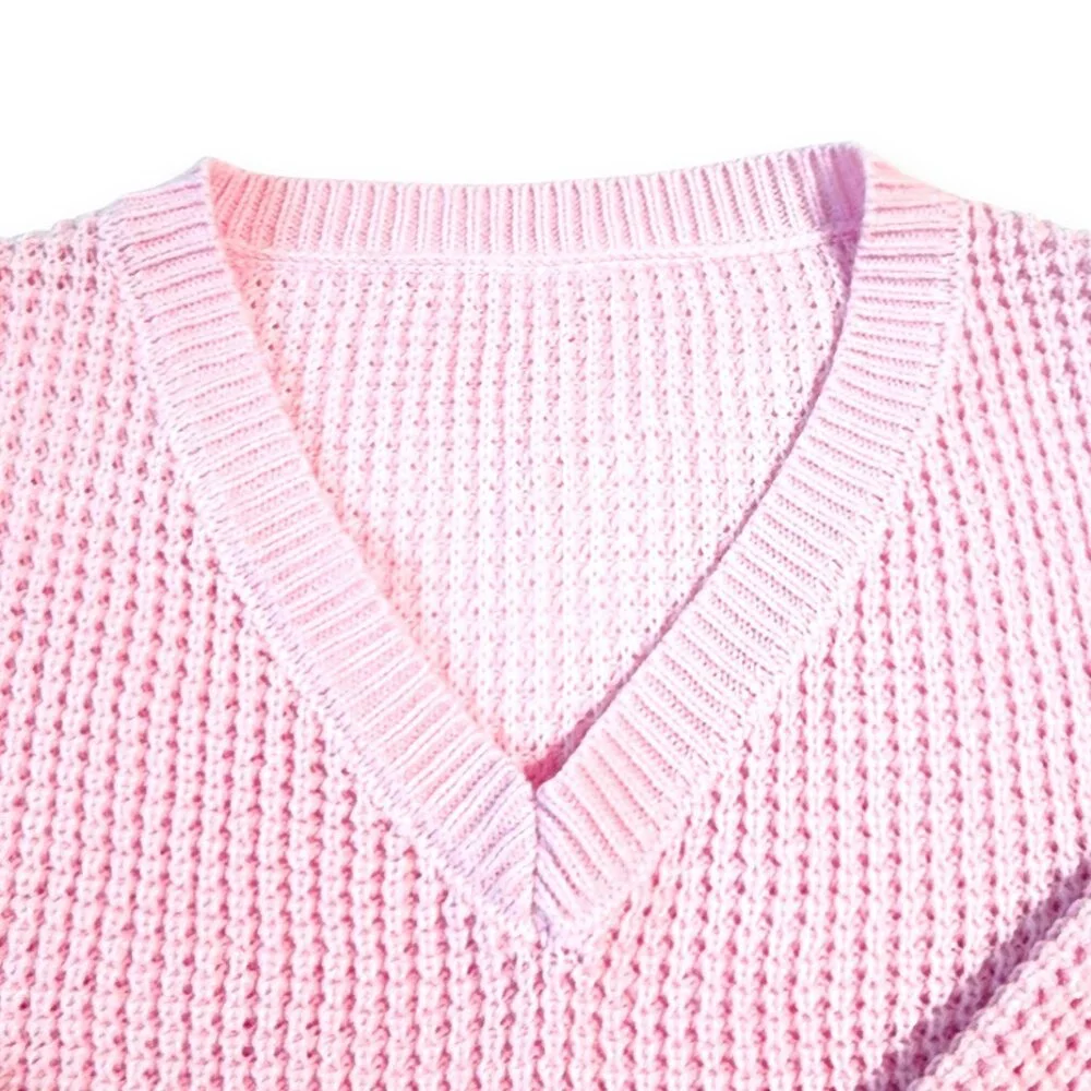 Waffle Knit Sweater- SMALL-Womens- Pink- Cropped Pullover Long Sleeve NWOT